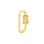 Product picture of a solid gold carabiner lock. The screw is a six sided barrel and has three diamonds on each side. The carabiner is a rounded rectangle shape. 