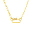Product picture of a solid gold carabiner lock. The screw is a six sided barrel and has three diamonds on each side. The carabiner is a rounded rectangle shape. Shown with double loop chain.