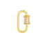 Product picture of a solid gold carabiner lock. The screw is a six sided barrel and has three diamonds on each side. The carabiner is a rounded rectangle shape. 