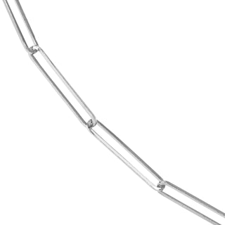 A elongated paper clip link chain with elongated oval links. Made in silver with lobster clasp. 