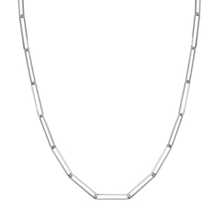 A elongated paper clip link chain with elongated oval links. Made in silver with lobster clasp. 