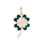 A four leaf clover that has blue enamel design on half of the pedals. There is a round center diamond and a gold stem.