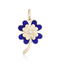 A four leaf clover that has blue enamel design on half of the pedals. There is a round center diamond and a gold stem.
