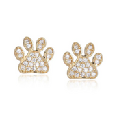 Product picture of a pair of solid gold diamond pet paw earrings. The paws are covered in white pave diamonds. Solid yellow gold.