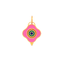 A clover shaped evil eye design. Originated from turkey, this hand enameled pendant has many colors and sleek traditional design. Pink