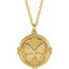 A gold round coin pendant with a butterfly center with detailed wings  and decorated frame on a chain.