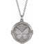 A gold round coin pendant with a butterfly center with detailed wings  and decorated frame on a chain.