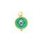 A round circle pedant with hand painted hamsa hand painted over a green stone. Bezel set with 24k gold with silver backing. Finished with a accent diamond on the bottom. 