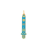 This product features a long hamsa hand with lucky symbols including in order elephants, four leaf clover, tree of life, and evil eye. Comes in 3 color options including baby blue, green, and turquoise blue. Showing turquoise blue.