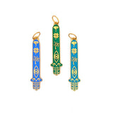 This product features a long hamsa hand with lucky symbols including in order elephants, four leaf clover, tree of life, and evil eye. Comes in 3 color options including baby blue, green, and turquoise blue. 