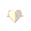 A heart shaped ring with half diamond and half plain gold, the heart is slightly folded in with a simple thick gold band.