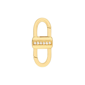 Product picture of a yellow gold double sided carabiner lock with a row of diamonds in the center. 