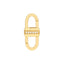 Product picture of a yellow gold double sided carabiner lock with a row of diamonds in the center. 