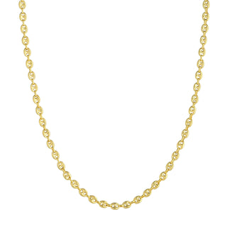 A 4.5 mm gold mariner chain necklace, the perfect size, in yellow gold with small oval links. This chain has a lobster clasp closure.