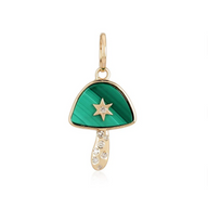A mushroom pendant with malachite in lay and gold star on top and diamond stem.