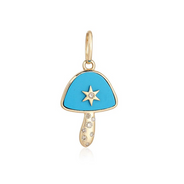 A mushroom pendant with turquoise in lay and gold star on top and diamond stem.