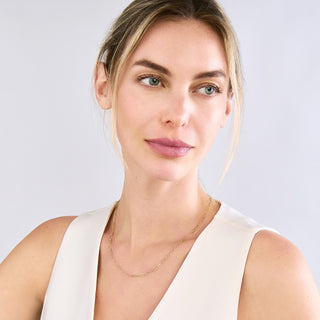 A 3mm gold paperclip necklace chain, the perfect size, in yellow gold with small oval links. This chain has a lobster clasp closure shown on model.