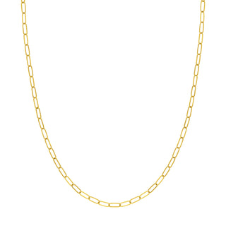 A 3mm gold Paperclip necklace chain, the perfect size, in yellow gold with small oval links. This chain has a lobster clasp closure.