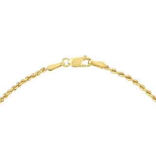Product picture of a twisted rope chain in solid gold. This style is easy to style and looks good with any charms. Showing clasp.