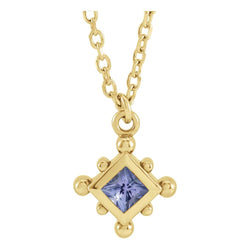 Gold necklace with a square pendant featuring a purple gemstone on a white background