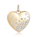 A gold heart pendant with scattered diamonds set randomly on the heart. The diamonds are different sizes and looks like the heart is dipped in glitter. 