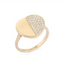 A circle shaped ring with half diamond and half plain gold, the circle is slightly folded in with a simple thick gold band.