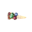 A colored gemstone cluster stacking ring with six colored gemstone in various shape and sizes forming a beautiful and colorful cluster. 