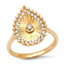 A pear shaped tear drop ring with a center diamond ray designs and gold beaded boarder. The ring has a bohemian look. 