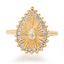 A pear shaped tear drop ring with a center diamond ray designs and gold beaded boarder. The ring has a bohemian look. 