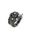 Showing a ring product that features a design of a silver snail with diamonds set on the shell. It is an oxidized silver ring plated in rhodium. 