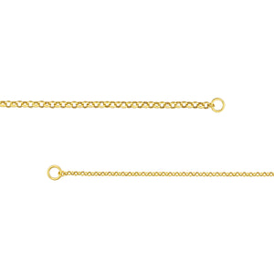 A half and half style rolo chain with half thicker chain and half slightly thinner chain. Finished with two round loops at the ends, meant to be worn with locks or connectors. 