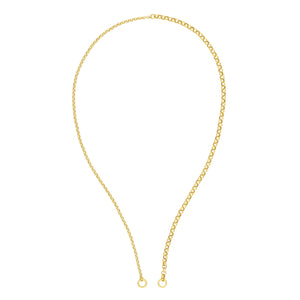 A half and half style rolo chain with half thicker chain and half slightly thinner chain. Finished with two round loops at the ends, meant to be worn with locks or connectors. 