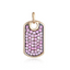 A solid gold pink sapphire tag charm with pave set pink sapphire. 