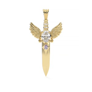 Gold pendant with wings and a central gemstone on a white background