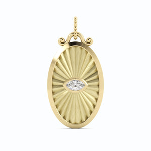 Picture of a oval shaped gold pendant with a marquise diamond eye as the center stone. This pendant has a ray design along with curved top and beaded bail. 