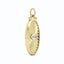 Picture of a oval shaped gold pendant with a marquise diamond eye as the center stone. This pendant has a ray design along with curved top and beaded bail. 
