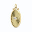 Picture of a oval shaped gold pendant with a marquise diamond eye as the center stone. This pendant has a ray design along with curved top and beaded bail. 