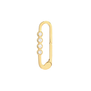 A elongated oval carabiner lock with four diamonds bezel set on one side. Featuring a push spring lock. 
