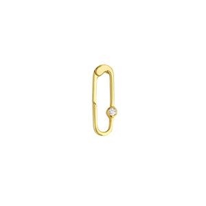 A elongated oval shaped gold connector with a single bezel set diamond . Spring push lock closure. 