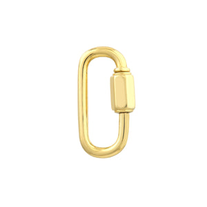 A simple gold basic carabiner lock with a twist screw. The carabiner lock is a rounded corner rectangle. Perfect for modular jewelry and open loop chains. 