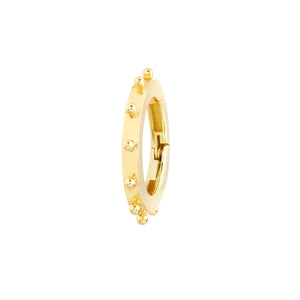 A large round yellow gold connector clasp lock with round beaded designs on the outer edge. Push Lock 