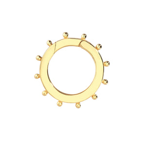 A large round yellow gold connector clasp lock with round beaded designs on the outer edge. Push Lock 