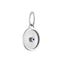 A round pendant with a ray design going toward a center sapphire. The sapphire is bezel set along with a plain white gold boarder.