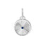 A round pendant with a ray design going toward a center sapphire. The sapphire is bezel set along with a plain white gold boarder.