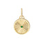 A round pendant with a ray design going toward a center emerald. The emerald is bezel set along with a plain gold boarder.