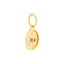 A round pendant with a ray design going toward a center ruby. The ruby is bezel set along with a plain gold boarder.