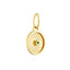 A round pendant with a ray design going toward a center emerald. The emerald is bezel set along with a plain gold boarder.