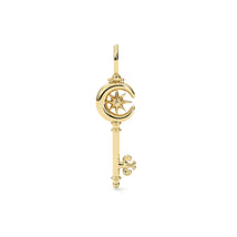 Gold key-shaped pendant with a moon and star design on a white background