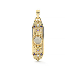 A gold pendant with a grey moonstone center and crescent on both sides to mimic the phases of the moon. Made with stars and blue palette colored gemstones. 