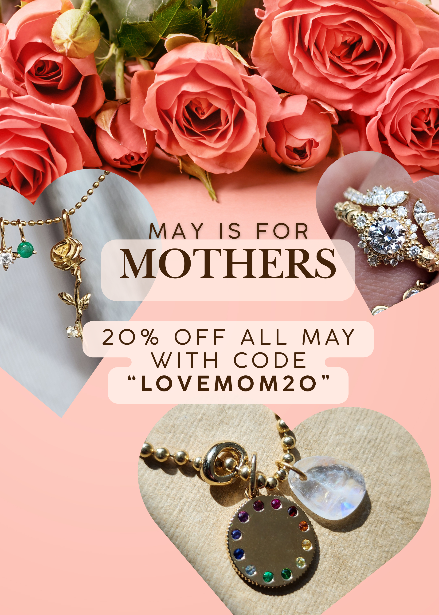 Jewelry with flowers and promotional text for Mother's Day sale on a pink background